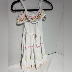 Jona Michelle Girls' White Embroidered Ruffle Sundress with Colorful Trim Sz 8